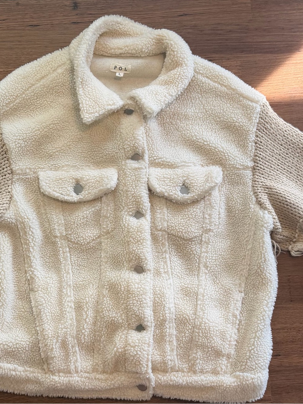 POL Cream Sherpa Button Front Jacket with Knit Sleeves